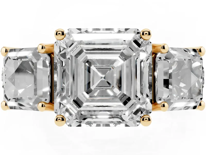 Asscher Cut Three Stone Engagement Ring Setting | Accented Shoulders | Yellow Gold
