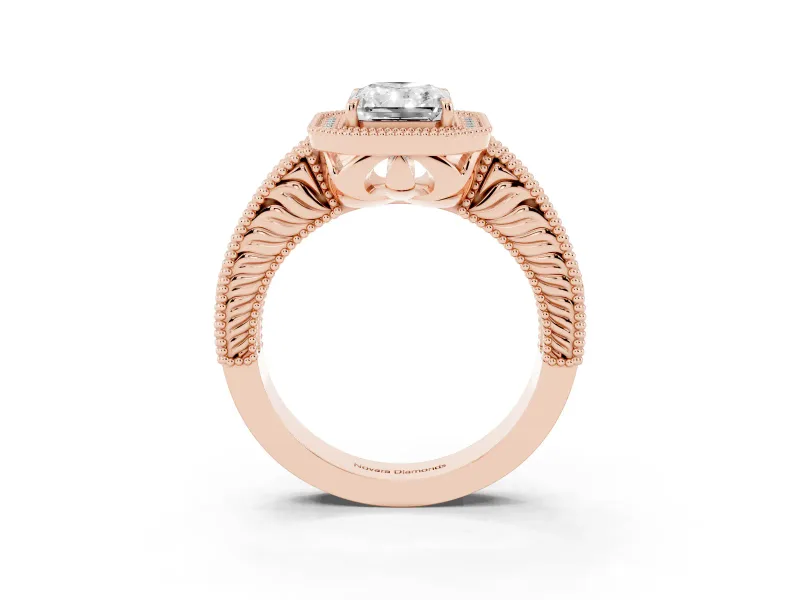 Radiant Cut Diamond Halo Ring Set in Rose gold with Round Accent Halo, Pavé Band and Prong Setting