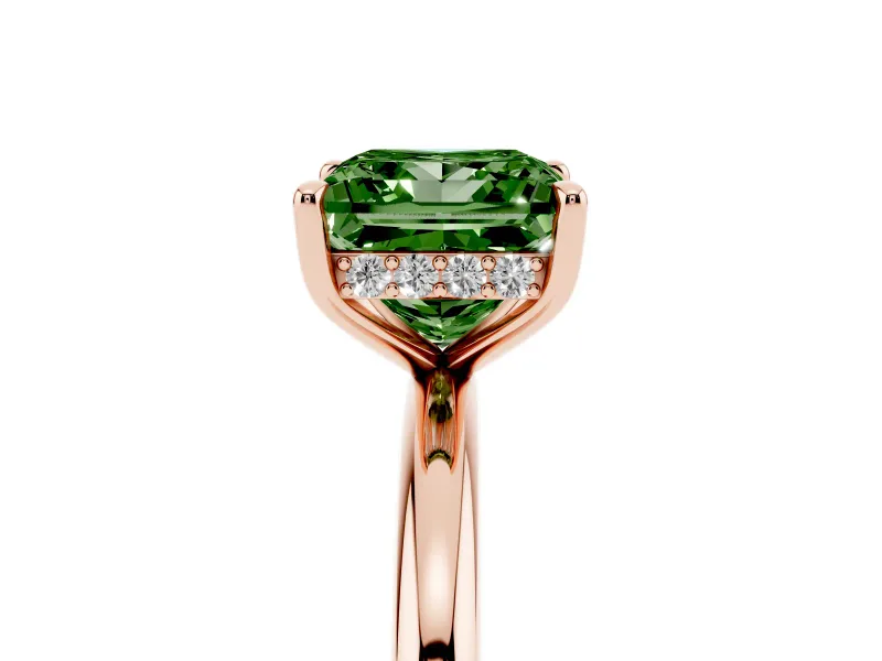 Fancy Green Princess Cut Diamond Solitaire Ring Set in Rose gold with Thin Band and Prong Setting
