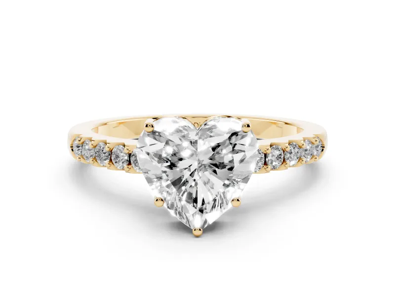 Heart Cut Diamond Solitaire Engagement Ring Set in Yellow gold with Pavé Band and Prong Setting