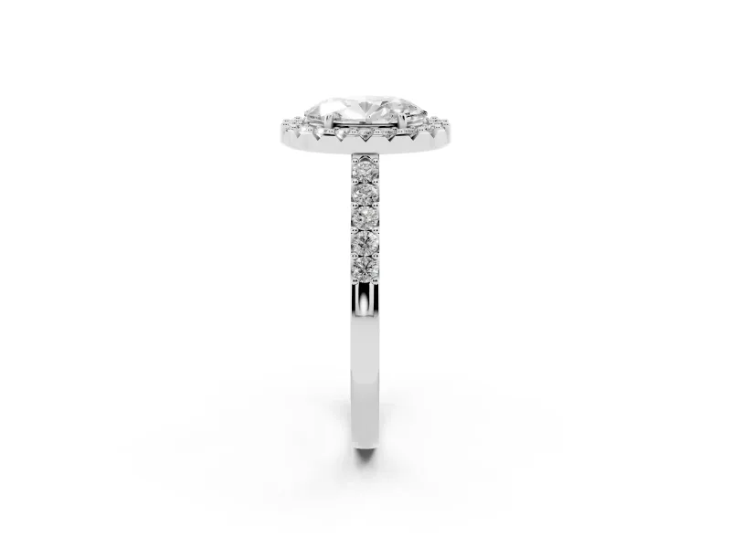 Oval Cut Diamond Halo Pavé Solitaire Ring Set in Platinum with Prong-Set Center Stone