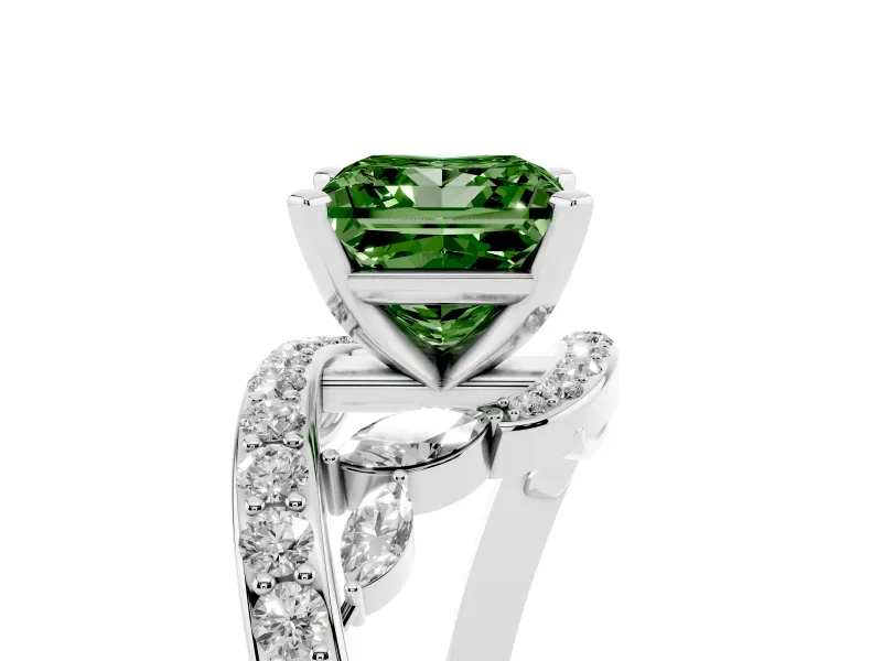 Fancy Green Princess Cut Diamond Solitaire Ring Set in Silver with Pavé Twist Band and Secure Prong Setting