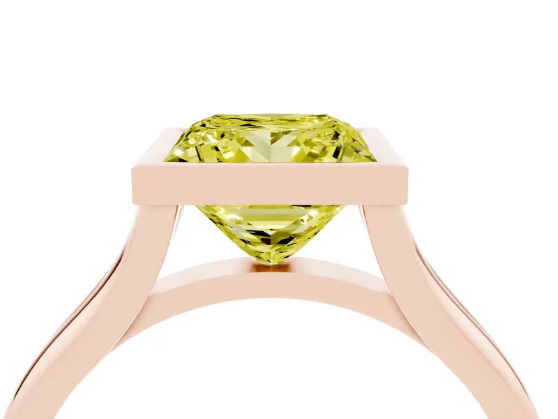 Fancy Yellow Bezel Set Princess Cut Diamond Solitaire Ring Set in Rose gold with Tapered Band