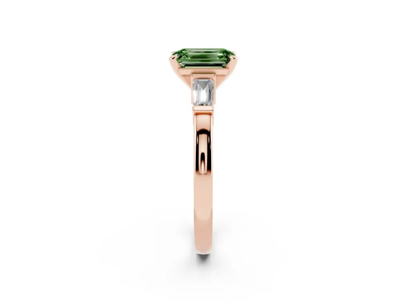 Fancy Green Emerald Cut Diamond Solitaire Ring Set in Rose gold with Tapered Baguette Accents and Prong Setting