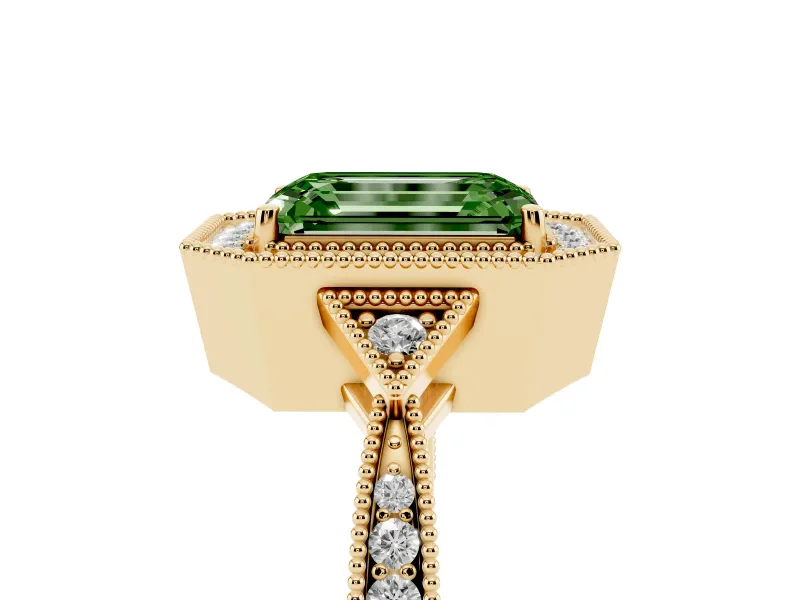 Fancy Green Emerald Cut Diamond Halo Engagement Ring Set in Yellow gold with Milgrain Pavé Band