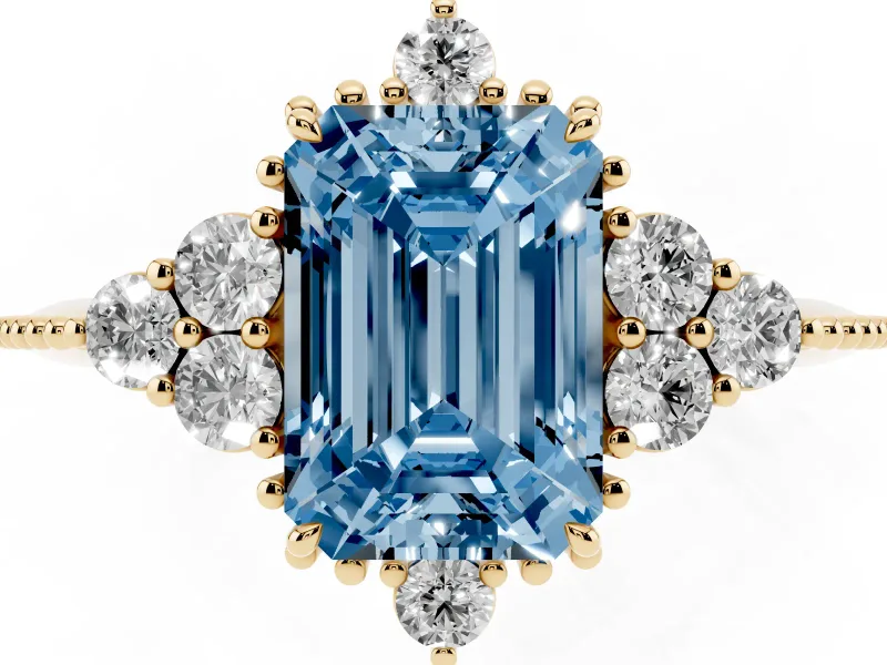 Emerald Cut Cluster Engagement Ring Setting for a Fancy Blue Lab-Grown Diamond | Yellow Gold