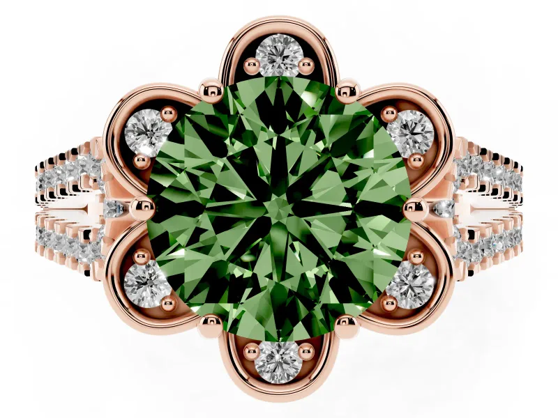 Round Petal Frame Floral Halo Engagement Ring Setting for a Fancy Green Lab-Grown Diamond | Pavé Split Shank | Rose Gold
