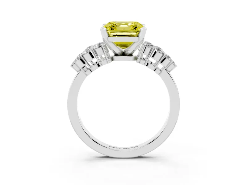 Fancy Yellow Asscher Cut Diamond Cluster Engagement Ring Set in Platinum with Pavé Band and Prong Setting
