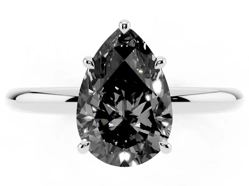 Fancy Black Pear Cut Diamond Solitaire Ring Set in Silver with Thin Band and Prong Setting