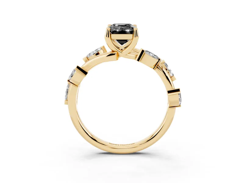 Fancy Black Emerald Cut Diamond Solitaire Ring Set in Yellow gold with Twisted Marquise Accent Band