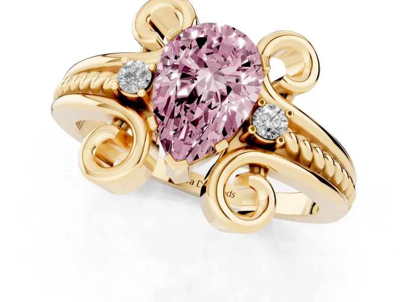Pear-Shaped Scroll Engagement Ring Setting for a Fancy Pink Lab-Grown Diamond | Yellow Gold