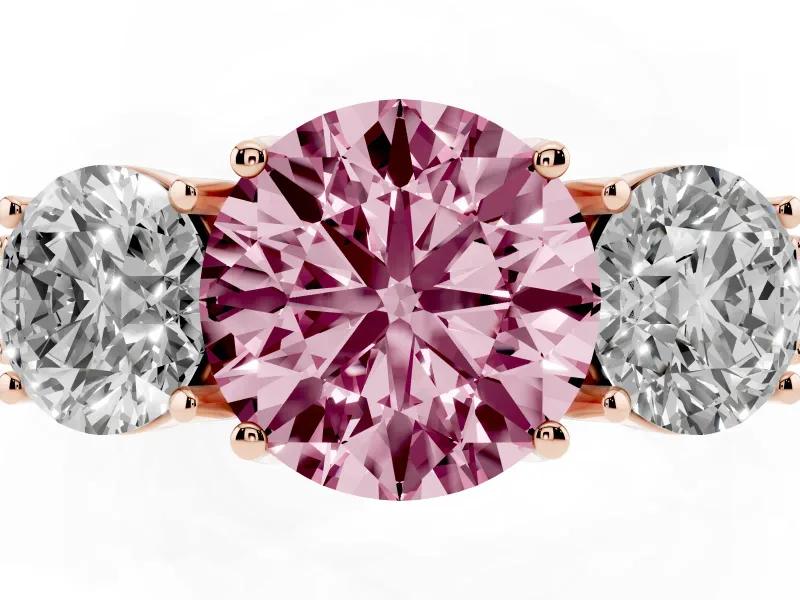 Round Vintage Three Stone Engagement Ring Setting for a Fancy Pink Lab-Grown Diamond | Rose Gold