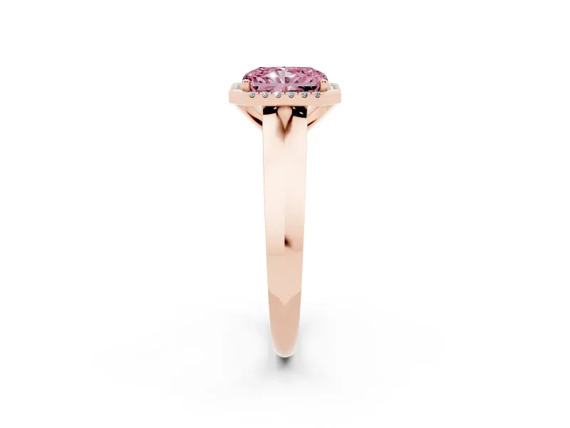Fancy Pink Radiant Cut Diamond Halo Ring Set in Rose gold with Cathedral Band and Prong Setting