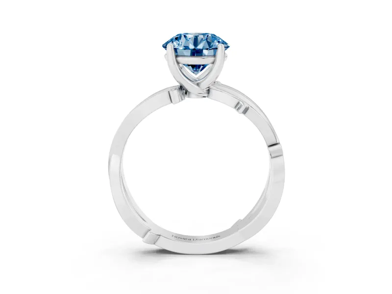 Fancy Blue Round Cut Diamond Pavé Twist Band Solitaire Ring Set in White gold with Prong Setting