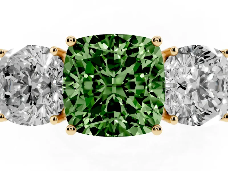 Fancy Green Cushion Cut Diamond Three-Stone Ring Set in Yellow gold with Textured Band