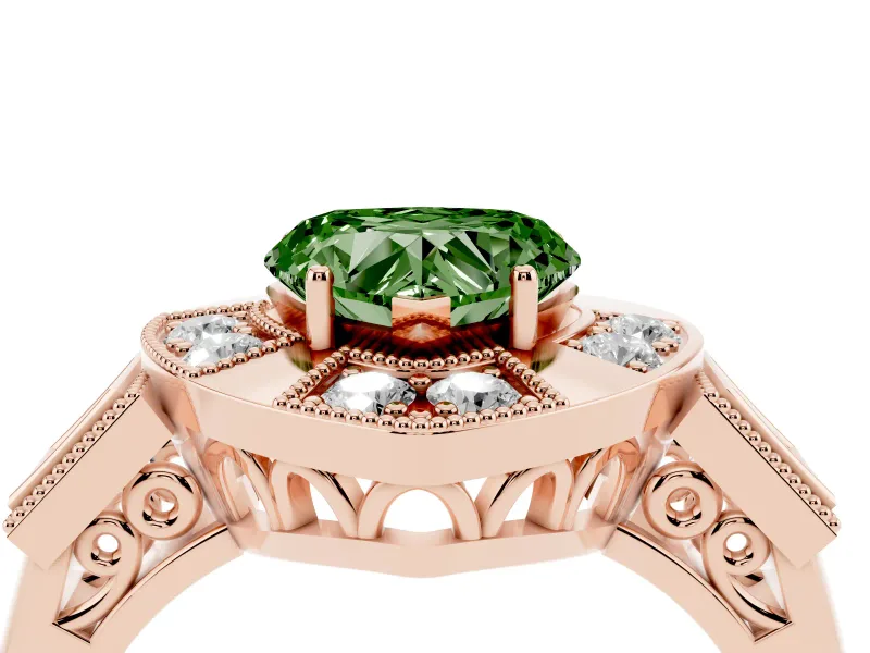 Fancy Green Heart Cut Diamond Milgrain Halo Ring Set in Rose gold with Split Shank