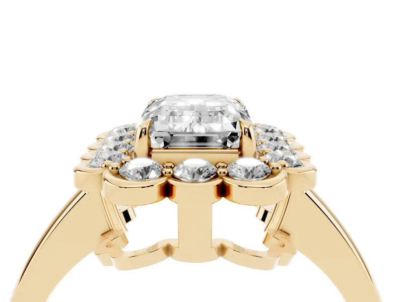 Emerald Cut Scalloped Cluster Halo Engagement Ring Setting | Plain Band | Yellow Gold