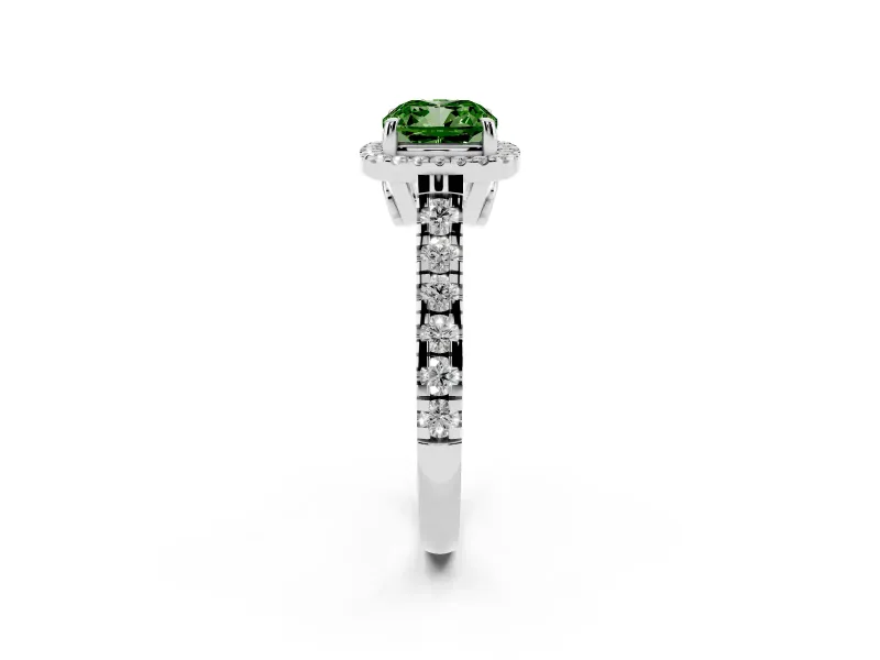 Cushion Cut Halo Engagement Ring Setting for a Fancy Green Lab-Grown Diamond | Shared Prong Shoulders | Sterling Silver