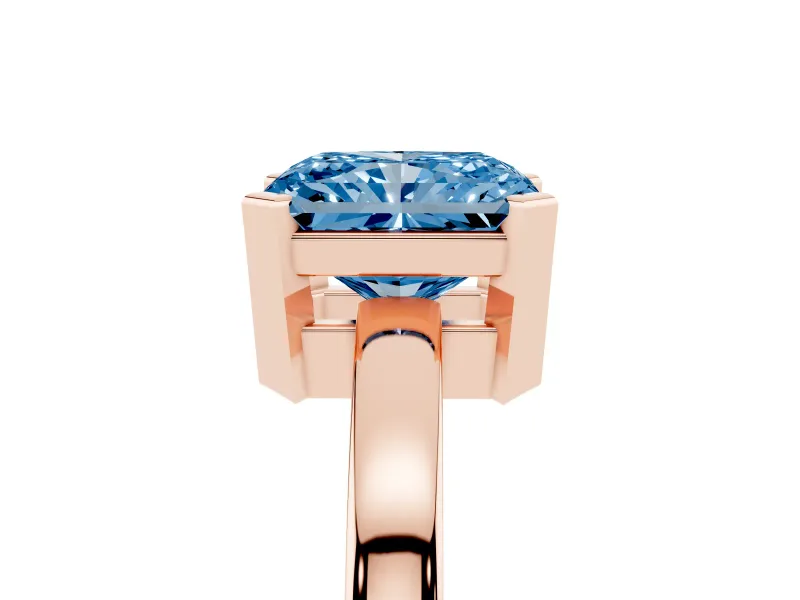 Fancy Blue Radiant Cut Diamond Solitaire Ring Set in Rose gold with Prong Head and Smooth Polished Band