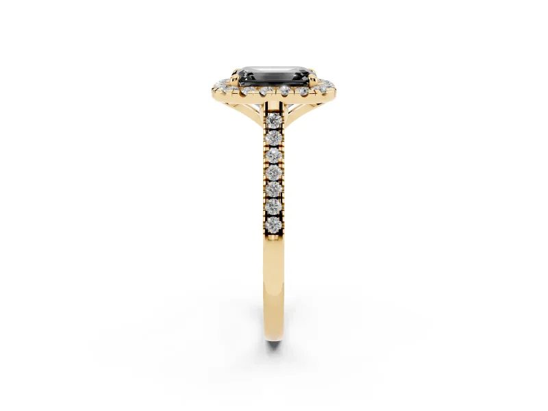 Emerald Cut Halo Engagement Ring Setting for a Black Center | Tapered Band | Yellow Gold