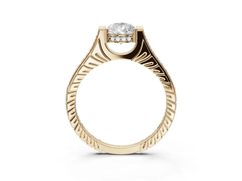 Pear-Shaped Vintage Cathedral Engagement Ring Setting | Carved Band | Yellow Gold