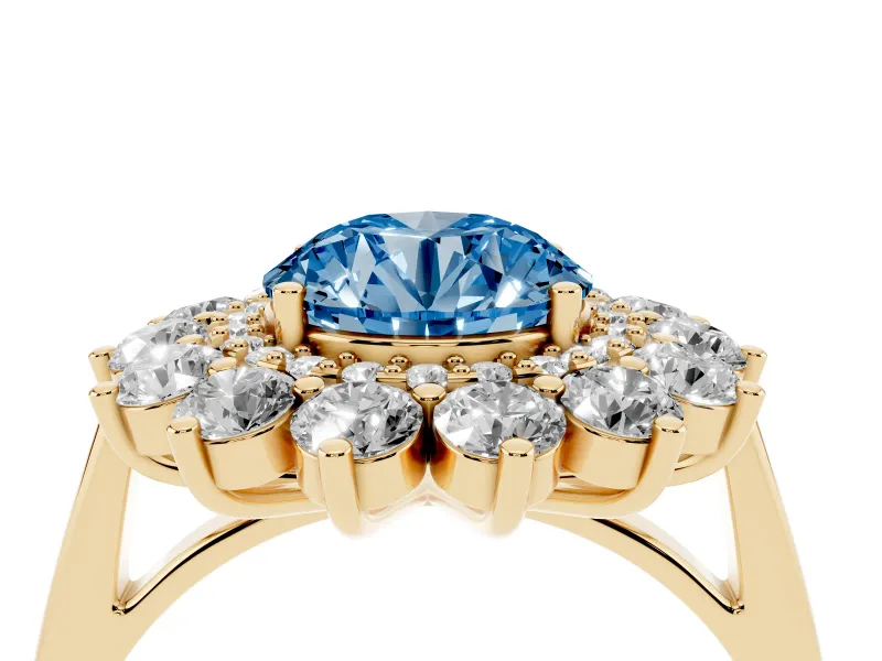 Round Floral Double Halo Engagement Ring Setting for a Fancy Blue Lab-Grown Diamond | Plain Band | Yellow Gold