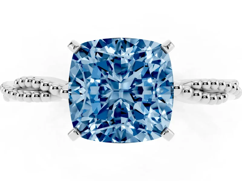 Fancy Blue Cushion Cut Diamond Solitaire Ring Set in Silver with Twisted Band and Bead Prong Setting