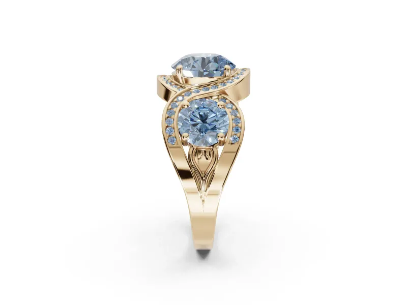 Round Three Stone Halo Engagement Ring Setting for a Fancy Blue Lab-Grown Diamond | Pavé Wave Band | Yellow Gold