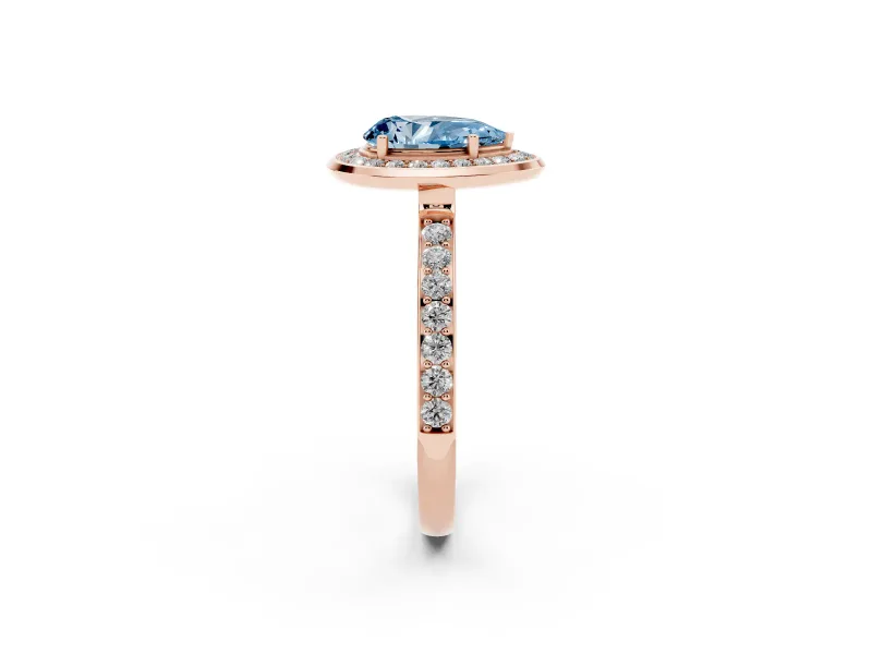 Pear-Shaped Bezel-Rim Halo Engagement Ring Setting for a Fancy Blue Lab-Grown Diamond | Pave Band | Rose Gold
