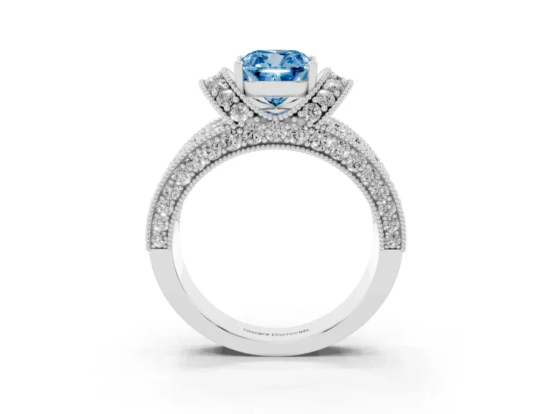Cushion Cut Vintage Pave Engagement Ring Setting for a Fancy Blue Lab-Grown Diamond | Milgrain Edges | White Gold
