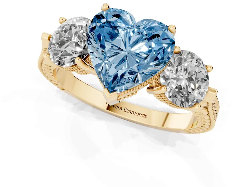 Heart-Shaped Vintage Three Stone Engagement Ring Setting for a Fancy Blue Lab-Grown Diamond | Yellow Gold - Design NV-24868