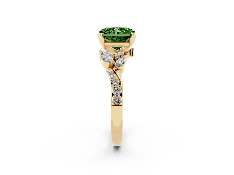 Radiant Cut Floral Engagement Ring Setting for a Fancy Green Lab-Grown Diamond | Marquise Side Stones | Yellow Gold