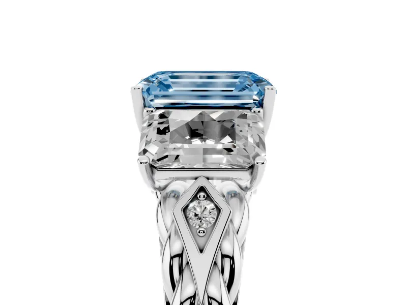 Fancy Blue Emerald Cut Diamond Three-Stone Ring Set in Silver with Braided Band