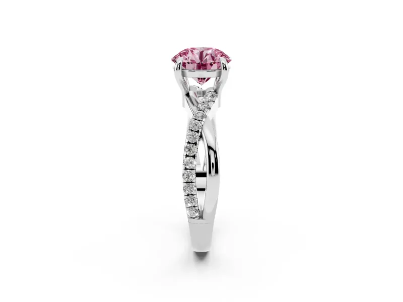 Fancy Pink Round Cut Diamond Twist Band Solitaire Set in Silver with Pavé Accents and Prong Setting