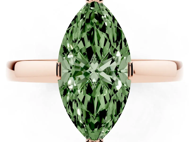 Fancy Green Marquise Cut Diamond Solitaire Ring Set in Rose gold with Prong Head and Smooth Polished Band