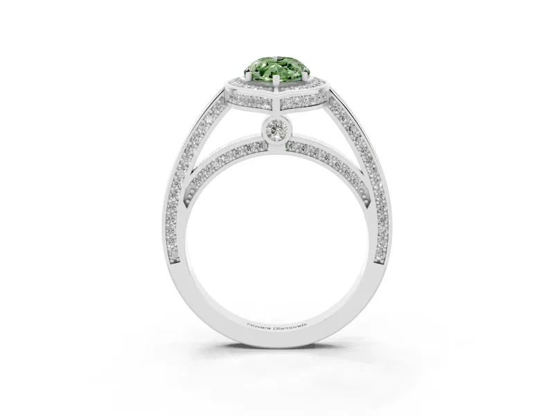 Fancy Green Marquise Cut Diamond Halo Pavé Split Shank Ring Set in White gold with Prong Setting