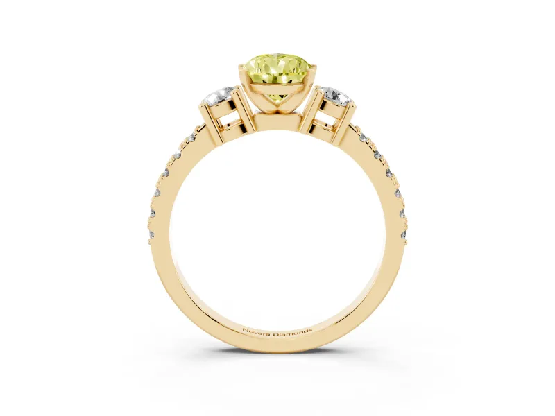 Fancy Yellow Three-Stone Pear Cut Diamond Pavé Band Ring Set in Yellow gold with Prong Setting