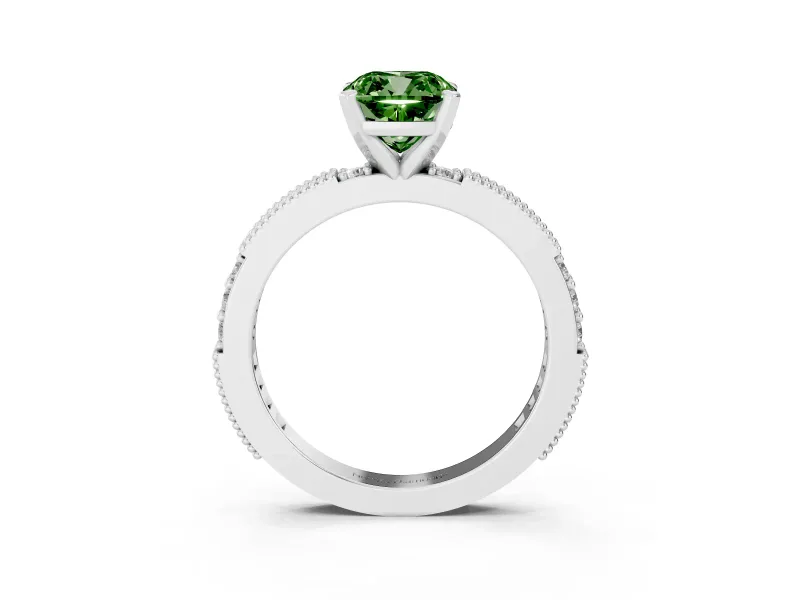 Fancy Green Cushion Cut Diamond Solitaire Ring Set in Platinum with Slim Pavé Band and Prong Setting