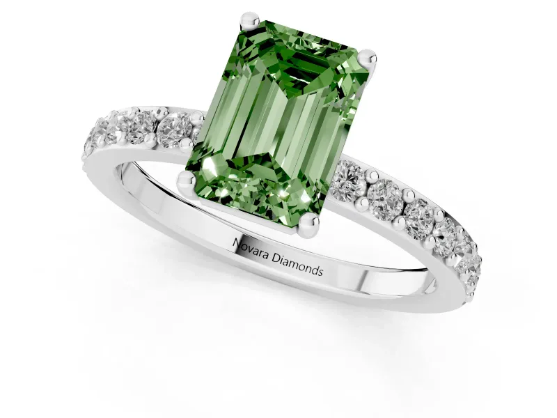 Fancy Green Emerald Cut Diamond Solitaire Set in Platinum with Round Pavé Band and Prong Setting