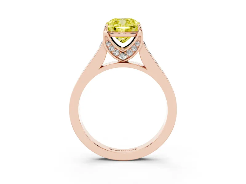 Fancy Yellow Cushion Cut Diamond Solitaire Pavé Engagement Ring Set in Rose gold with Prong Setting