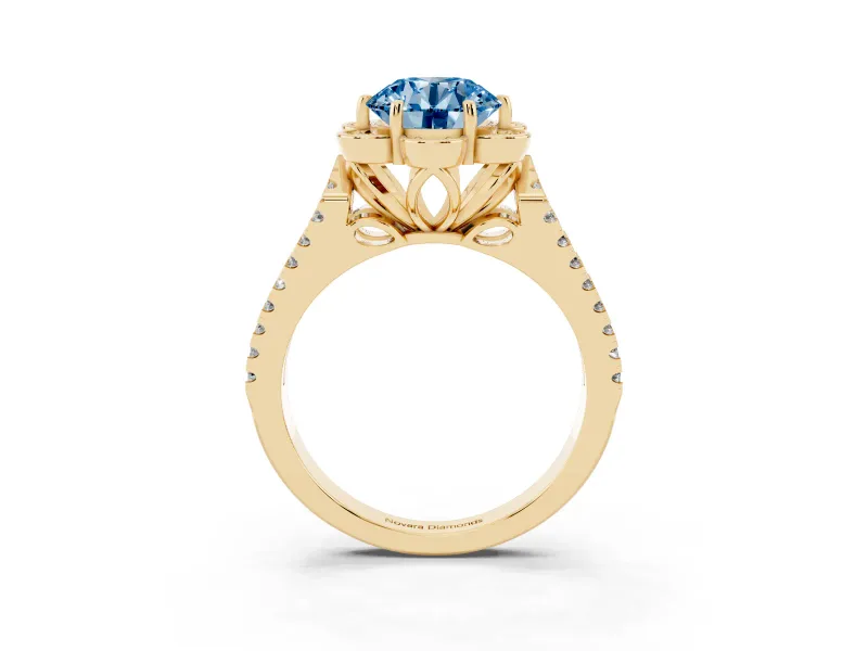 Round Floral Halo Engagement Ring Setting for a Fancy Blue Lab-Grown Diamond | Pavé Split Shank | Yellow Gold