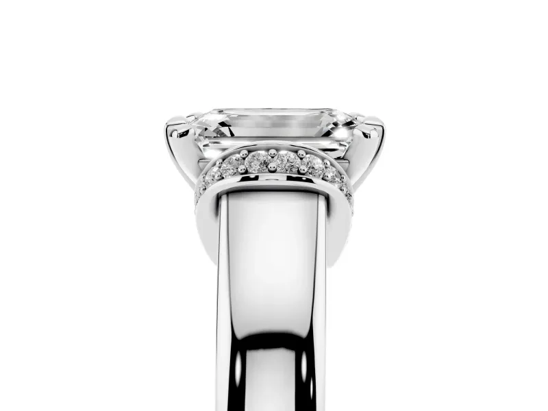 Emerald Cut Pavé Collar Solitaire Engagement Ring Setting | Wide Polished Band | White Gold