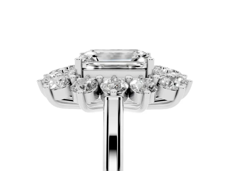 Emerald Cut Floral Double Halo Engagement Ring Setting | Plain Band | Sterling Silver