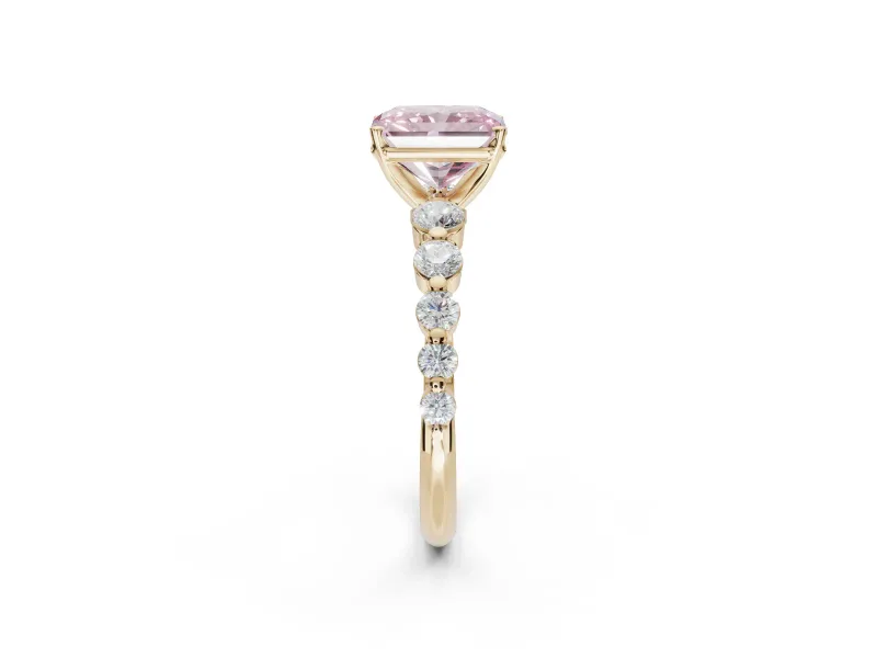 Radiant Cut Graduated Side Stone Engagement Ring Setting for a Fancy Pink Lab-Grown Diamond | Yellow Gold