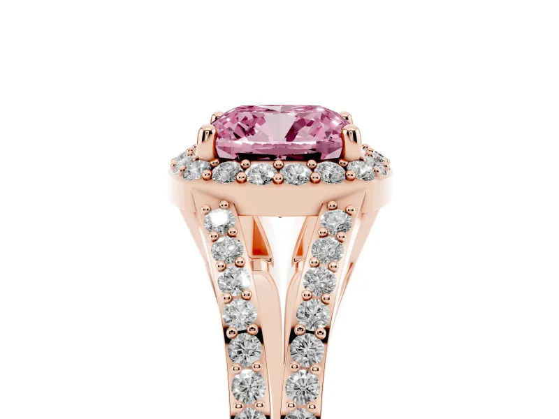 Cushion Cut Split Shank Halo Engagement Ring Setting for a Fancy Pink Lab-Grown Diamond | Rose Gold