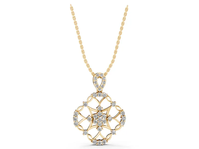 Round Lab-Grown Diamond Openwork Cluster Pendant Necklace | Quatrefoil Frame | Yellow Gold