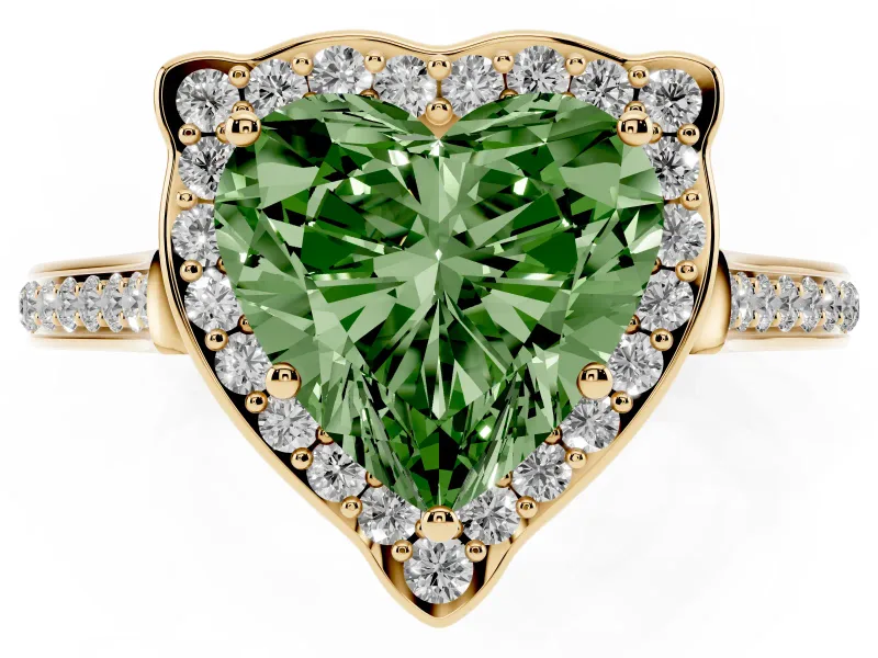 Heart-Shaped Petal Tip Halo Engagement Ring Setting for a Fancy Green Lab-Grown Diamond | Pavé Band | Yellow Gold