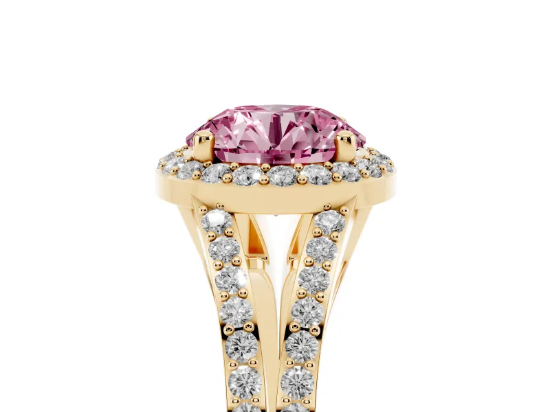 Round Halo Engagement Ring Setting for a Fancy Pink Lab-Grown Diamond | Pave Split Shank | Yellow Gold
