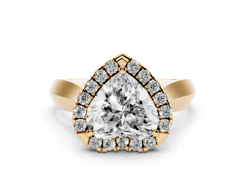 Heart Cut Diamond Halo Solitaire Engagement Ring Set in Yellow gold with Square Band and Prong Setting