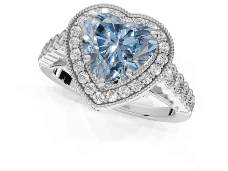 Fancy Blue Heart-Shaped Lab-Grown Diamond Milgrain Halo Solitaire Ring Set in Sterling Silver with Bezel Set Side Stones and Pavé Band